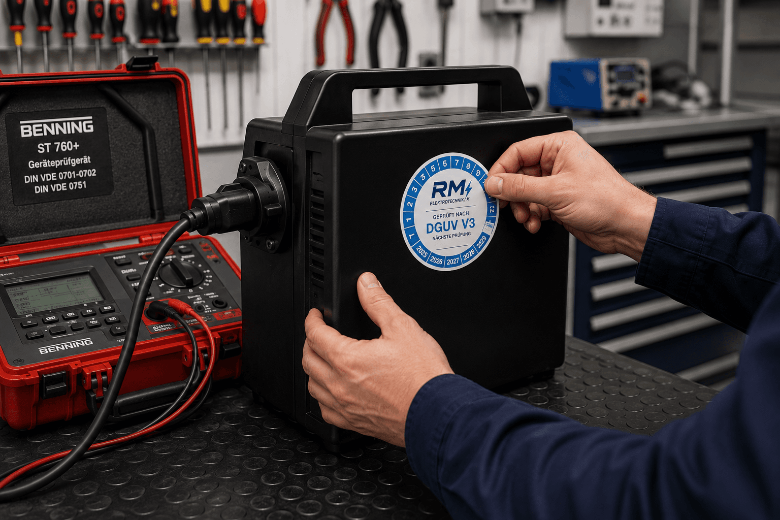Elektriker prüft elektrische Anlage mit professionellem Messgerät